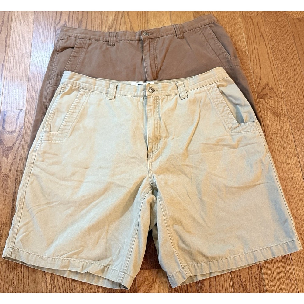 2 Mountain Khakis Chino Shorts Mens 40 Beige And Brown Canvas Cotton 10' Inseam